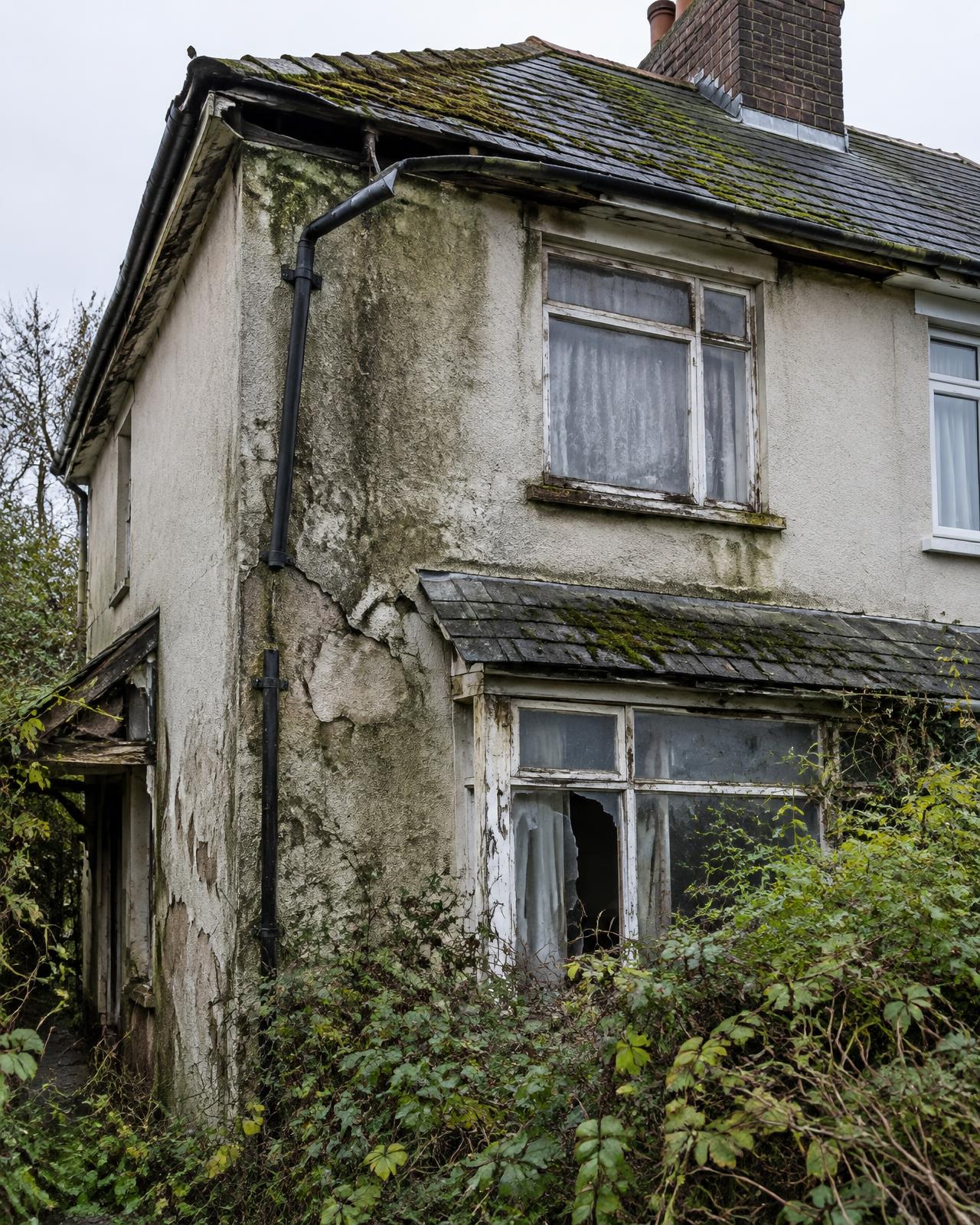 Damp walls, moss on the roof and an overgrown garden on a neglected house